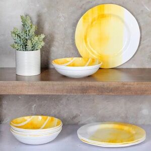 8pc GAP Home Flowing Watercolors Dimpled Yellow Melamine Plates (4) Bowls (4)